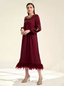 Modelyn Burgundy Red Lantern Sleeve Fuzzy Hem Dress - Burgundy - View 3