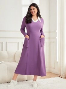 Mulvari Plus Contrast Collar Dual Pocket Dress - Purple - View 1