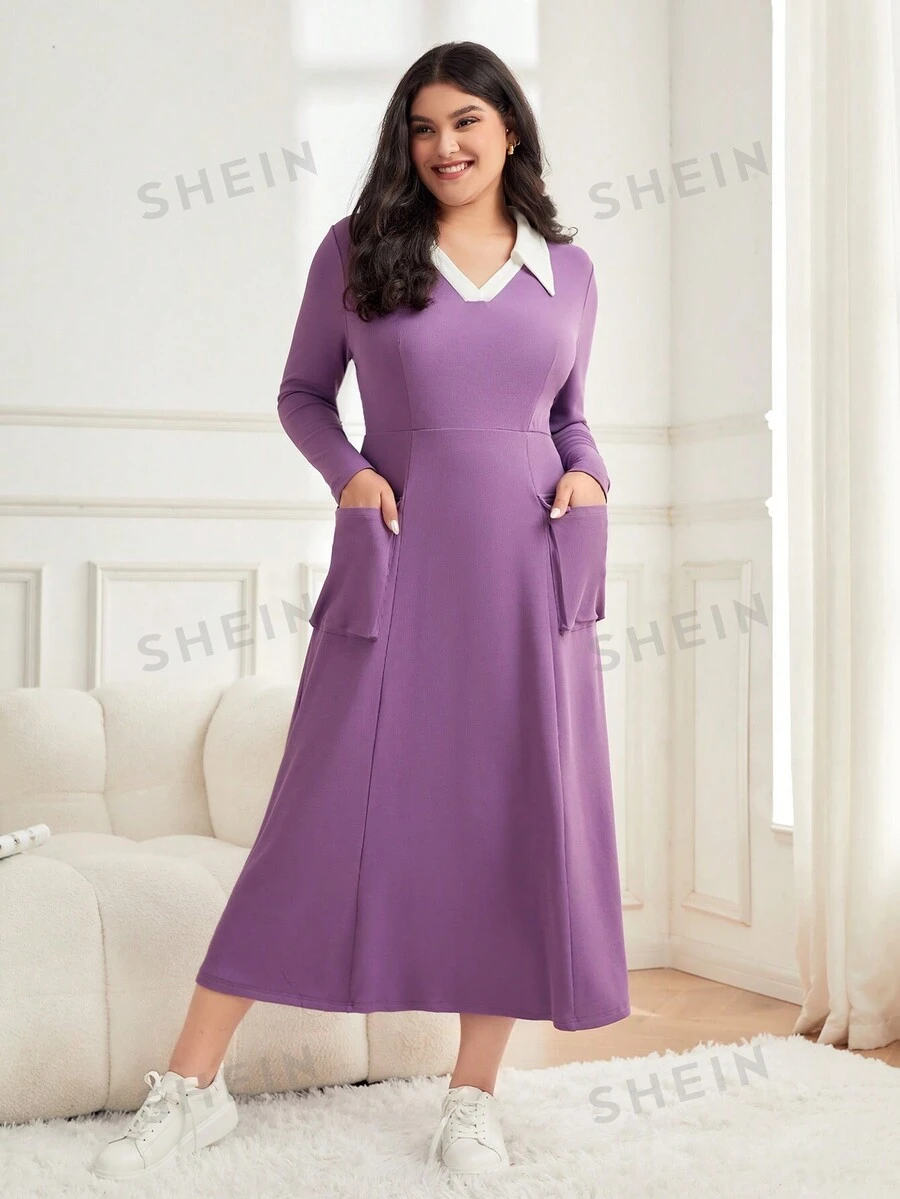 Mulvari Talla grande Vestido de cuello en contraste con doble bolsillo - Morado - Ver 1