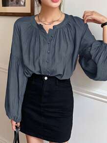 DAZY Casual Business Solid Color Lantern Sleeve Shirt Long Sleeve Top - Dusty Blue - View 4