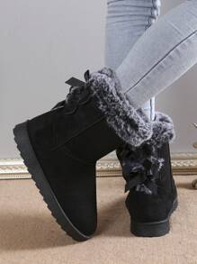 Women's Fashionable Flat Heel, Anti-skid, Wear-resistant, 2 Bowknot Decorated, Warm Snow Boots