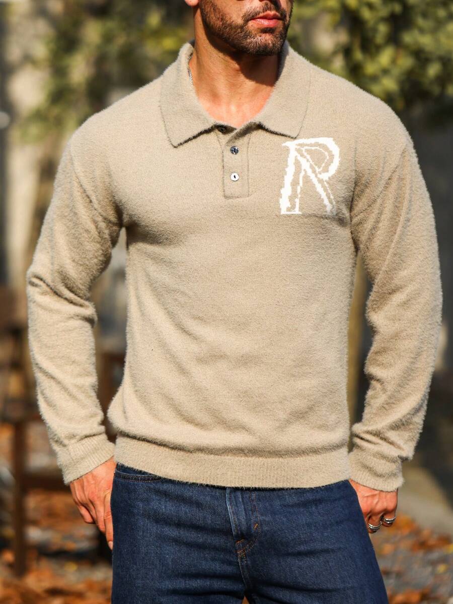 Manfinity Homme 男士字母圖案Polo領套頭毛衣 - 灰色 - 查看 1