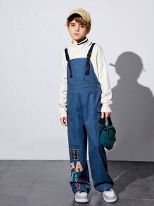 SHEIN Cậu bé Tween Đồ họa Chữ cái quần ống rộng Quần yếm Không có áo len - Nhiều màu - Xem 2
