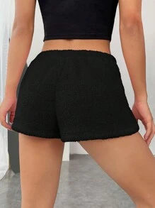 SHEIN EZwear Drawstring Waist Solid Teddy Shorts - Black - View 4