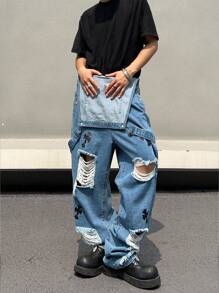 Manfinity Pantalones De Mezclilla Anchos De Pierna Ancha Para Hombre Rasgados Y Desgastados Con Patrón Cruzado Y Tamaño Grande - Lavado ligero - Ver 1