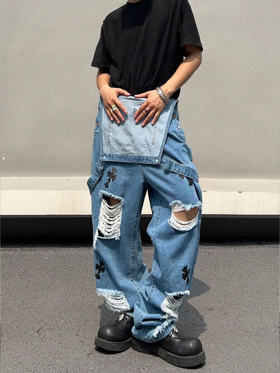 Manfinity Pantalones De Mezclilla Anchos De Pierna Ancha Para Hombre Rasgados Y Desgastados Con Patrón Cruzado Y Tamaño Grande - Lavado ligero - Ver 1