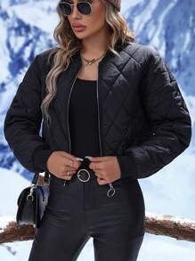 SHEIN LUNE 斜插口袋落肩袖飛行員夾克 - 黑色 - 查看 4