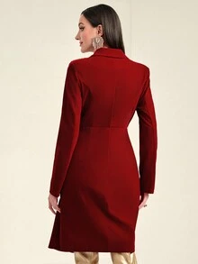 Modelyn 勃艮第红色水钻流苏饰边双排扣荷叶边下摆西装连衣裙 - 酒紅色 - 查看 2