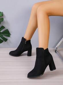 女士短靴2024秋冬新款尖头绒面粗跟短靴侧拉链靴切尔西靴 - 黑色 - 查看 6