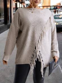 EMERY ROSE Plus Fringe Trim Drop Shoulder Asymmetrical Hem Cardigan - Light Grey - View 4