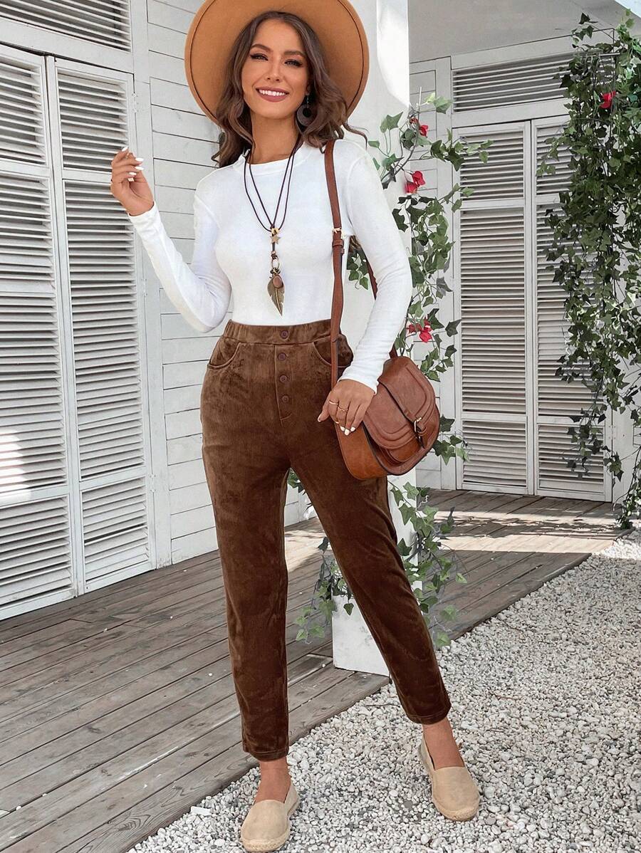 EMERY ROSE Solid Slant Pocket Corduroy Pants - Rust Brown - View 1