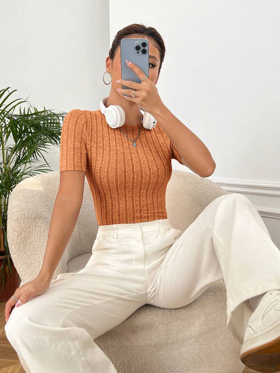 SHEIN EZwear 素色條紋針織T恤 - 珊瑚橙 - 查看 1