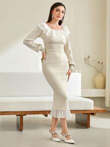 Modelyn 女款荷葉邊針織毛衣和針織裙套裝 - 杏色 - 查看 5