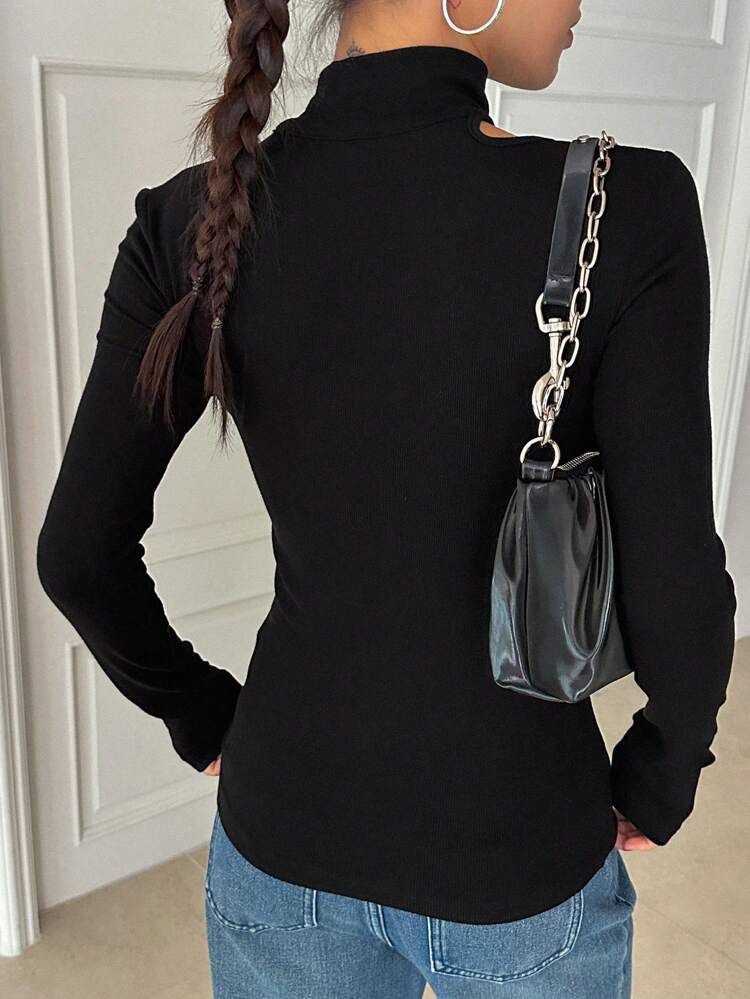 Cut Out Asymmetrical Neck Tee Going Out Tops,Fall Clothes Long Sleeve Women Tops Turtleneck Women