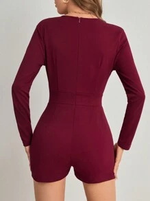 SHEIN BAE 深V領四四方方百褶連身短褲 - 紫紅色 - 查看 2