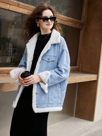 落肩泰迪熊衬里双面牛仔大衣