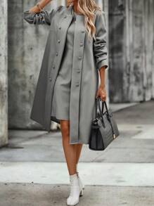 SHEIN Clasi Chất rắn Nút phía trước Áo khoác - Màu xám đen - Xem 1