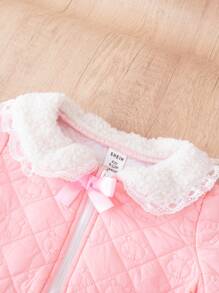 SHEIN Baby Girl Borg Collar Bow Front Raglan Sleeve Quilted Coat Without Sweater - Pink - View 3