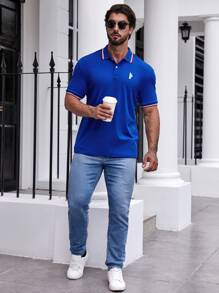 Manfinity Homme Men Graphic Contrast Trim Half Button Dress Polo Shirt, Cotton Royal Blue Golf Americana Style Shirt For Friends - Blue - View 4