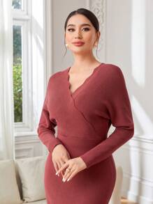 Modelyn Surplice Neck Batwing Sleeve Sweater Dress Without Belt - Burgundy - View 3