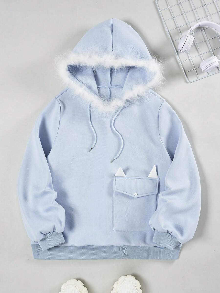 SHEIN Qutie 加大码翻盖口袋毛边抽绳卫衣 - 藍色 - 查看 1