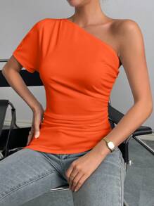 SHEIN Essnce One Shoulder Asymmetrical Hem Blouse - Orange - View 5