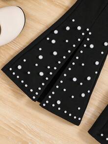 Young Girl Pearls Beaded Split Hem Flare Leg Pants - Black - View 4