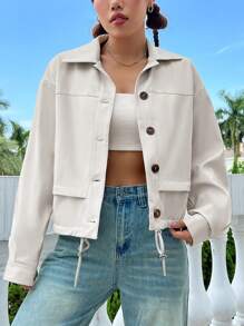 SHEIN Unity Drop Shoulder Drawstring Hem PU Leather Jacket - Beige - View 6