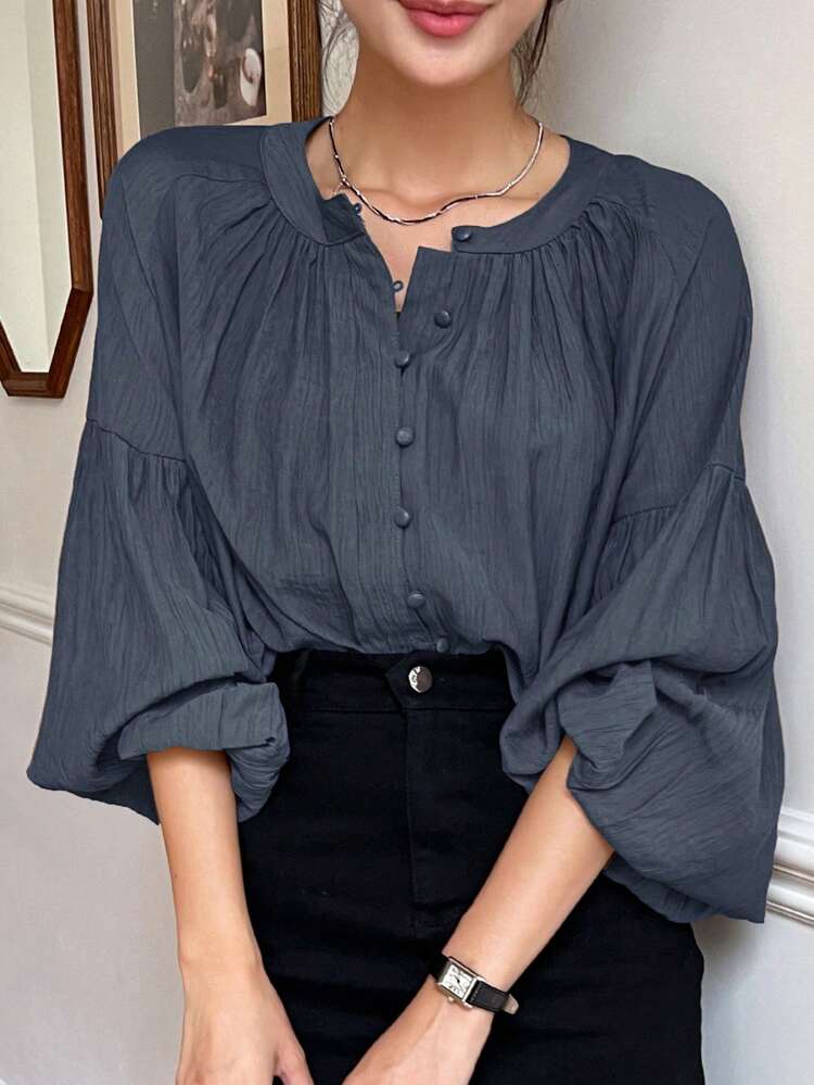 Casual Business Solid Color Lantern Sleeve Shirt Long Sleeve Top