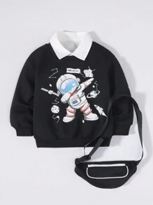SHEIN 小男孩宇航員印花帶袋運動衫 - 黑色 - 查看 1