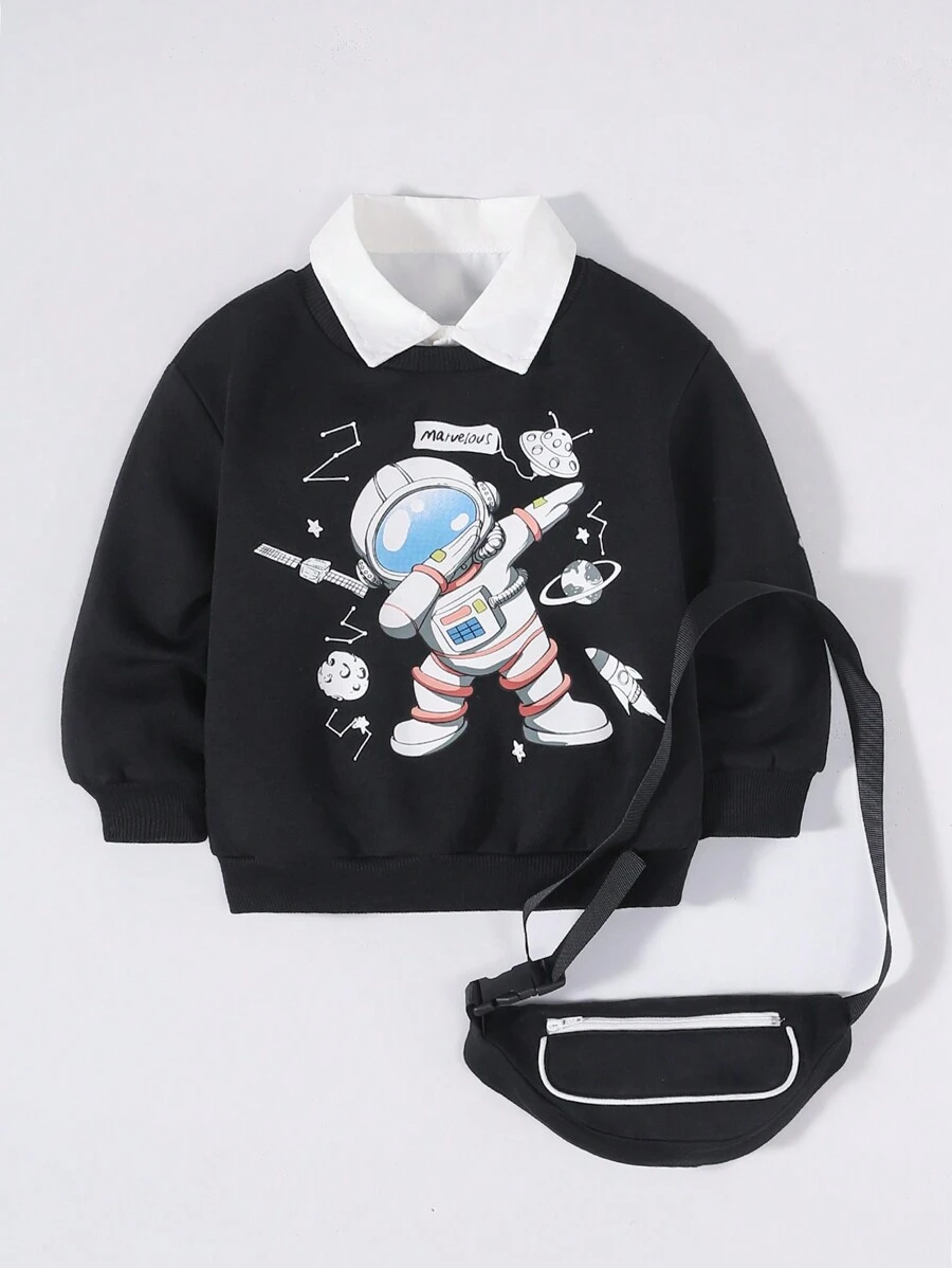 SHEIN 小男孩宇航員印花帶袋運動衫 - 黑色 - 查看 1