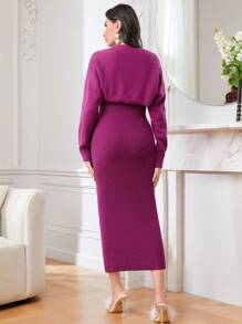 Modelyn Conjunto de 2 piezas de vestido y bolero de cárdigan de punto acanalado sólido - Rosa Fucsia - Ver 2