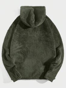 Manfinity VCAY 男士刺繡細節1/4拉鍊毛茸茸連帽衫 - 軍綠色 - 查看 2