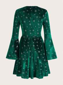 SHEIN Clasi Natal Impressão De Floco De Neve Manga De Sino Veludo Vestido - Verde escuro - Ver 6