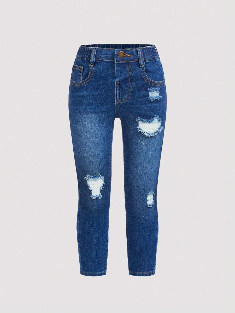 SHEIN Young Girl Ripped Frayed Bleach Wash Jeans - Dark Wash - View 1