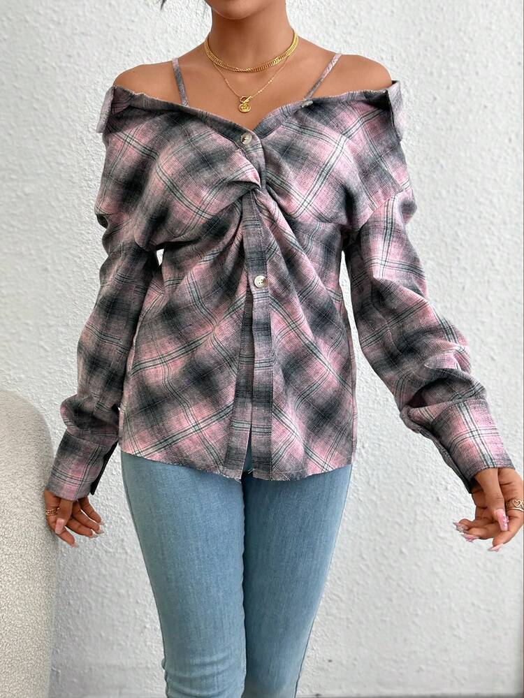 Plaid Cold Shoulder Print Twist Front Shirt