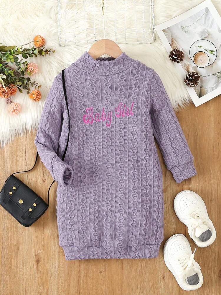 Young Girl Letter Embroidery Mock Neck Dress
