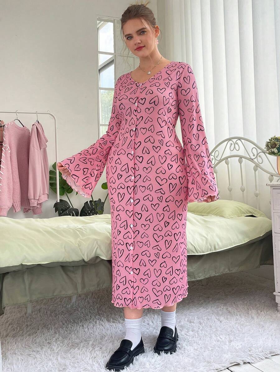 SHEIN EZwear Plus Allover Heart Print Flounce Sleeve Dress - Multicolor - View 1