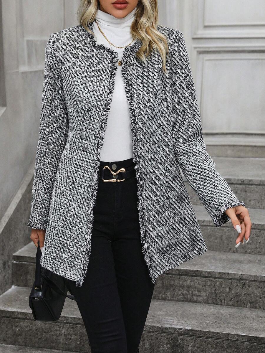 SHEIN Clasi 毛邊緣開門襟外套 - 黑與白 - 查看 1
