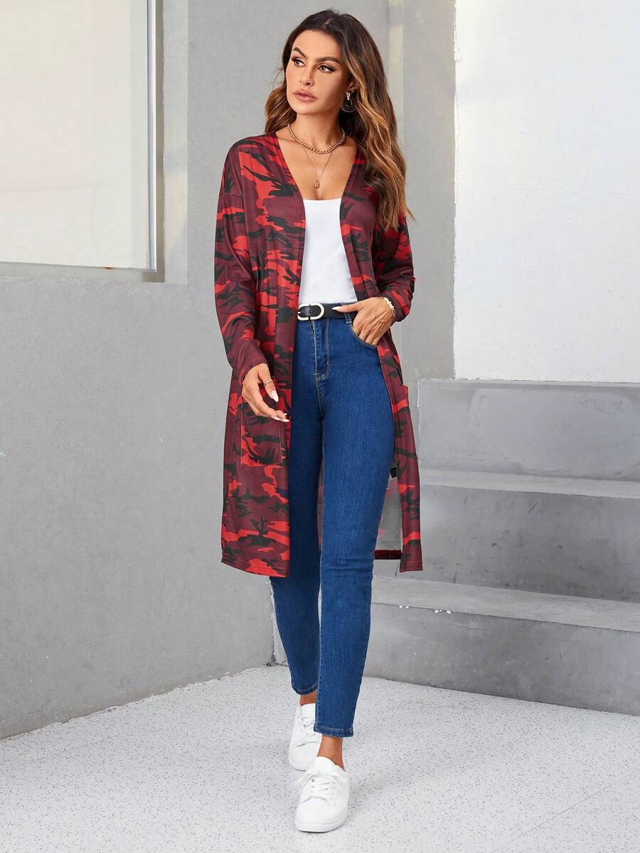 SHEIN LUNE Camo Print Open Front Coat - Red - View 1
