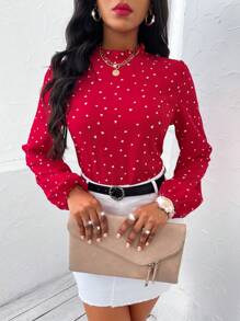 SHEIN Lady Heart Print Frill Trim Lantern Sleeve Blouse - Red - View 6