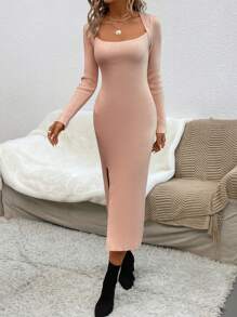 SHEIN Essnce Scoop Neck Split Thigh Sweater Dress - Pink - View 7