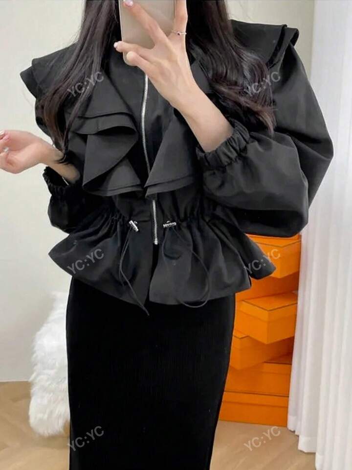 フリルトリム ドローストリング付き ジップブラウス | SHEIN JAPAN