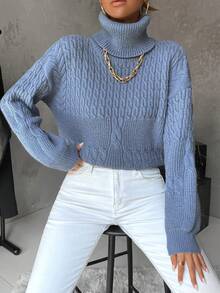 SHEIN Essnce Turtleneck Cable Knit Drop Shoulder Sweater - Blue - View 4