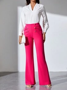 SHEIN Tall 紐扣細節喇叭褲 - 玫紅色 - 查看 3