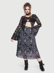 ROMWE Goth Plus Floral Lace Flounce Sleeve Asymmetrical Hem Top - Black - View 1