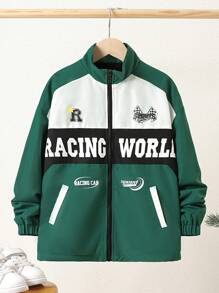 SHEIN Tween Boy Letter Graphic Two Tone Zip Up Coat - Green - View 1