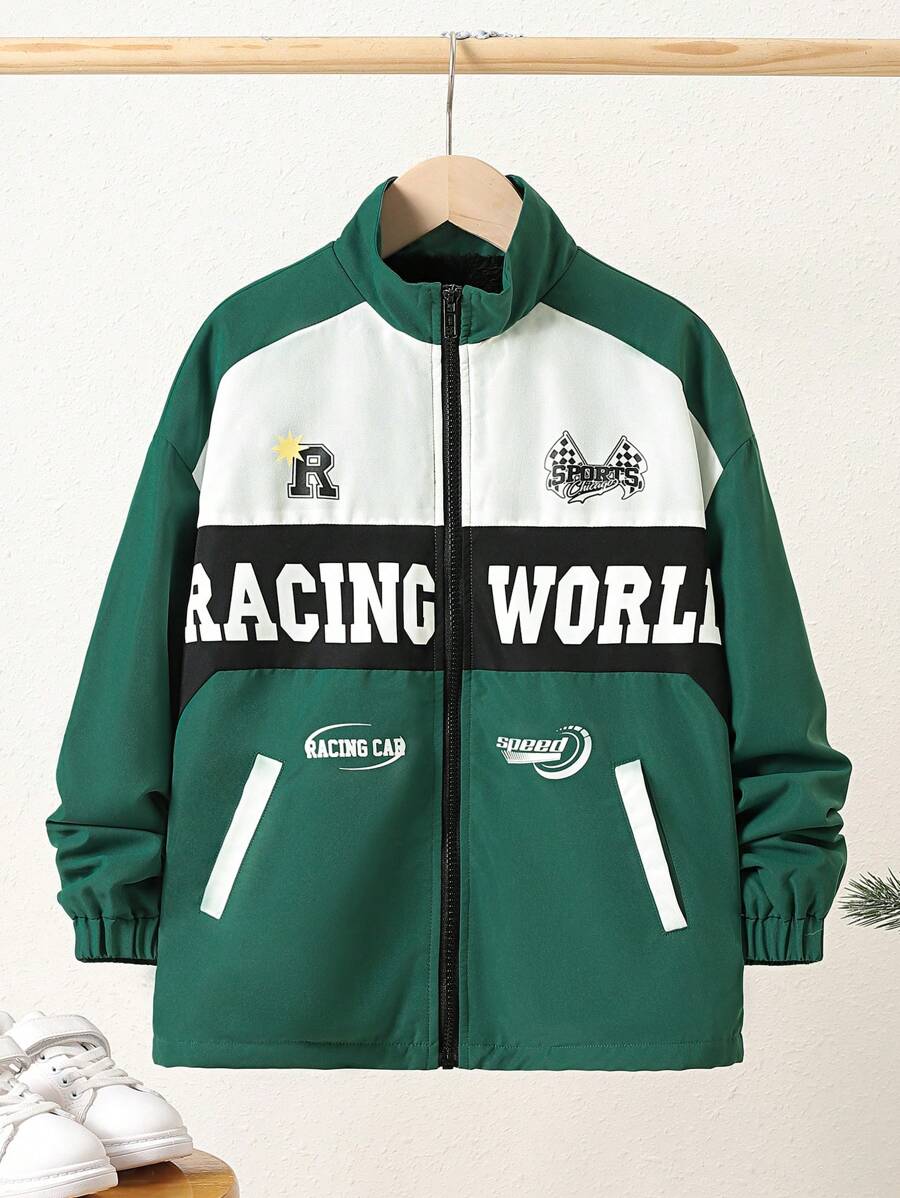SHEIN Tween Boy Letter Graphic Two Tone Zip Up Coat - Green - View 1