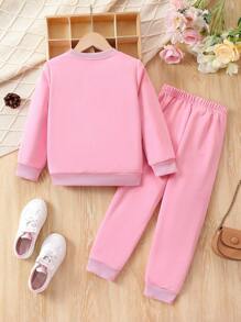 SHEIN 女小童花卉和字母圖案衛衣和衛褲 - 粉色 - 查看 2