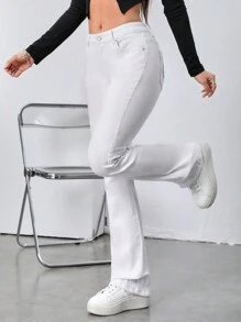 SHEIN ICON 刺繡細節口袋貼布直筒牛仔褲 - 白色 - 查看 3